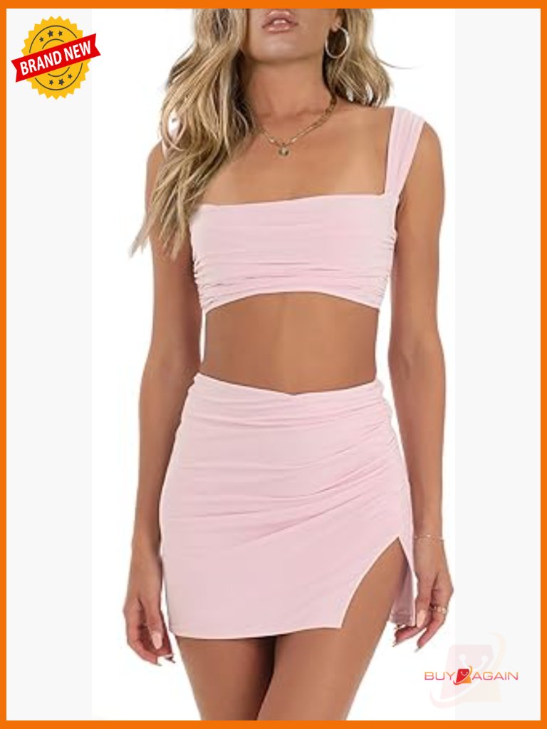 Sleeveless Square Neck Crop Top Ruched Tank And Bodycon Mini Skirt 2 Piece Set